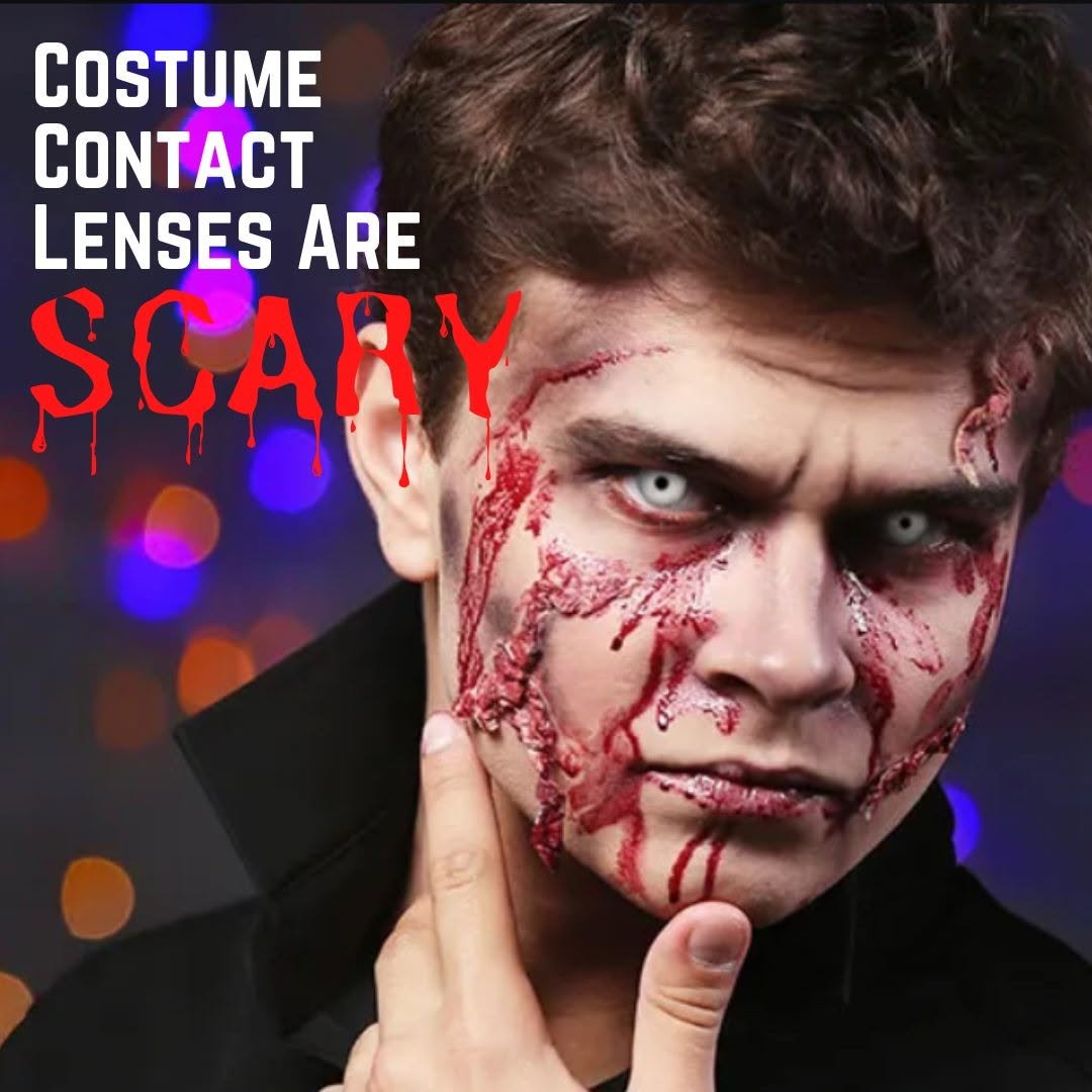 Instagram post by Dr. Katherine Zamecki: "The lenses stuck to my eye like a suction cup." Read about the serious, sometimes permanent damage non-prescription costume contacts can do…