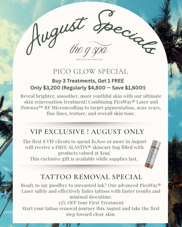 Instagram post by Dr. Kathleen Griffin: ✨ August Specials Are Here! ✨ Your glow starts now! 🌿 Enjoy exclusive August savings on our most popular treatments, including Pico Glow (B…