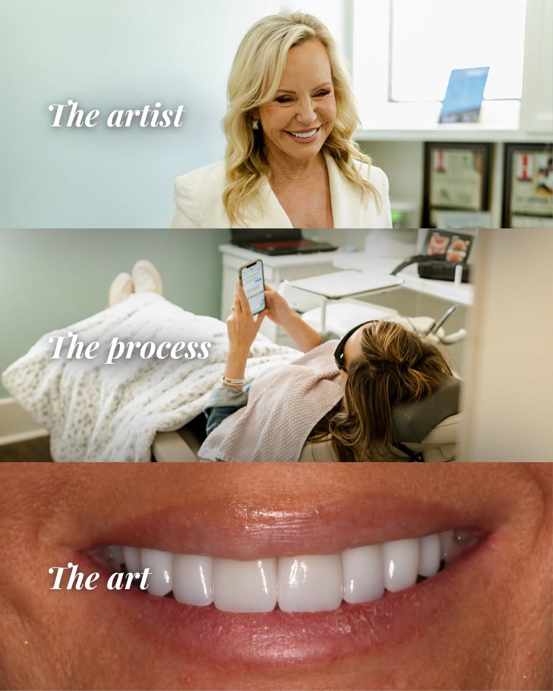 Instagram post by Dr. Kathy Frazar: The artist. The process. The art. ✨ Custom cosmetic dentistry designed specifically for you. 📱 (713) 668-7137 | 🌐 drfrazar.com