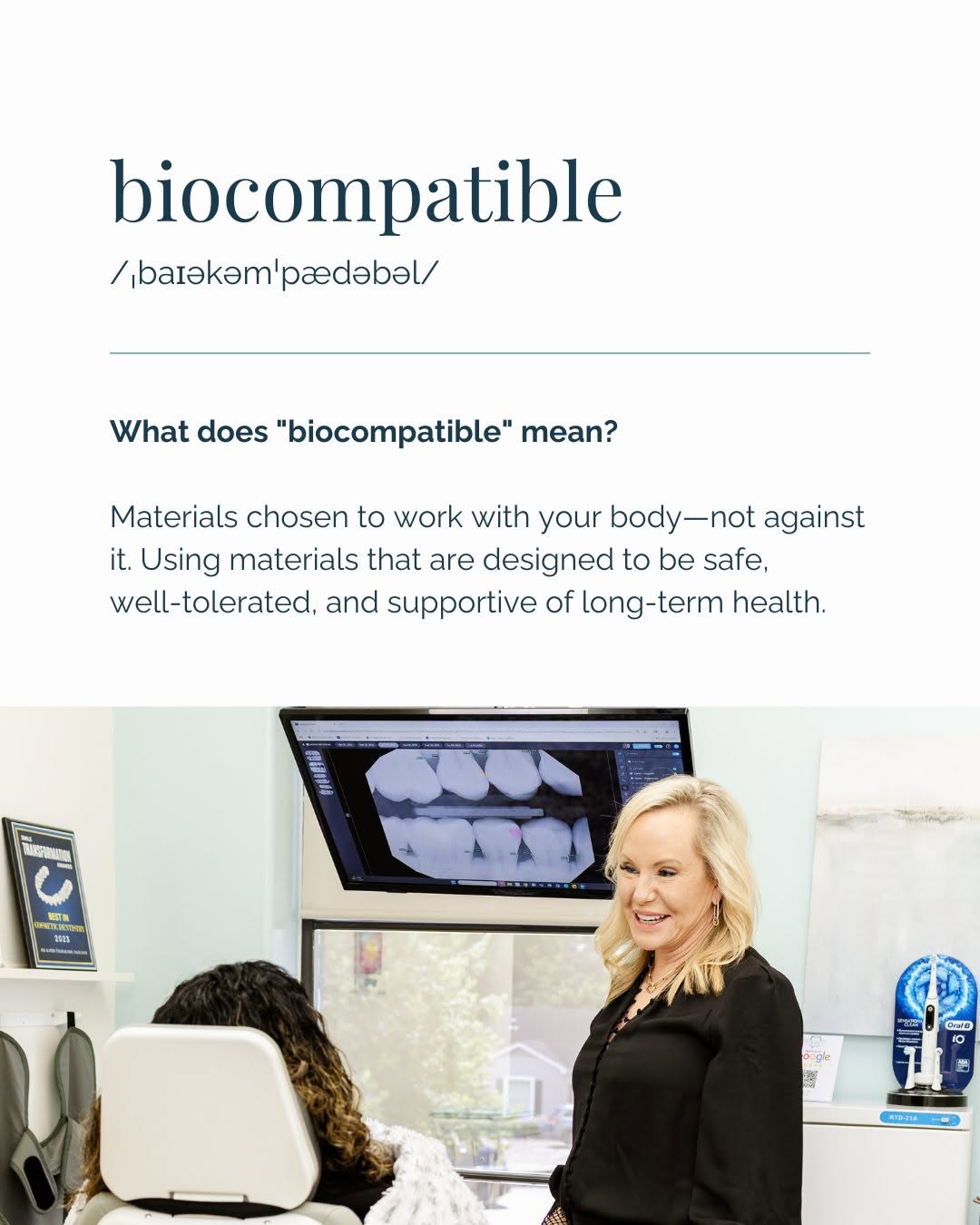 Instagram post by Dr. Kathy Frazar: "Biocompatible" isn't a buzzword here. It's a standard. Every material used at The Houston Dentists is selected with your body in mind — not…