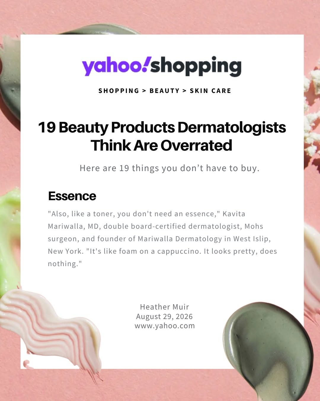Instagram post by Dr. Kavita Mariwalla: Do you really need every product in your skincare routine? Probably not. I spoke with @hmuir about 19 beauty products dermatologists think m…
