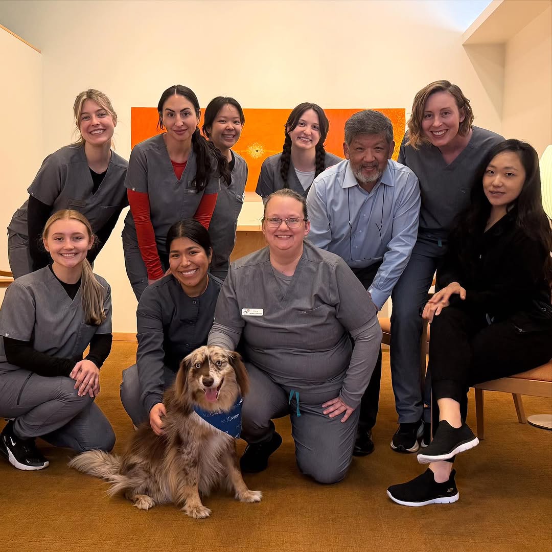 Instagram post by Dr. Keith B. Wong, DDS, MS: We are proud to offer customized braces to our patients! Our friends from KLOwen stopped by with a special bandana for Fred. 😊