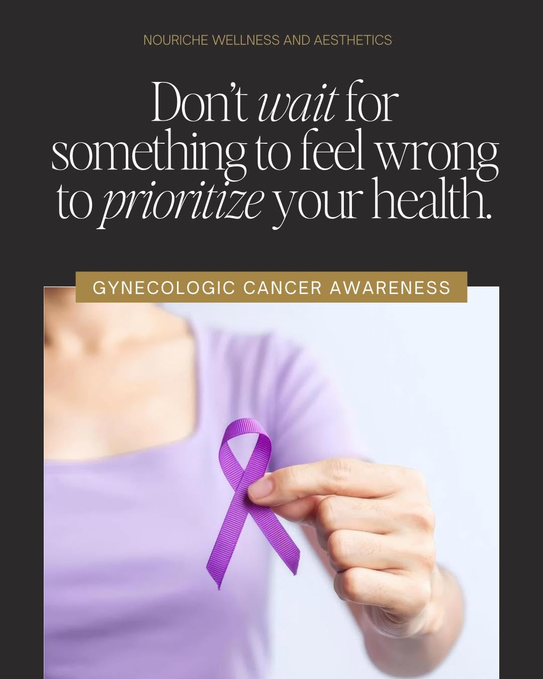 Instagram post by Dr. Kelly Cobb: Knowing your body and recognizing when something has changed can be an important part of protecting your health. 💜 Most gynecologic cancers…