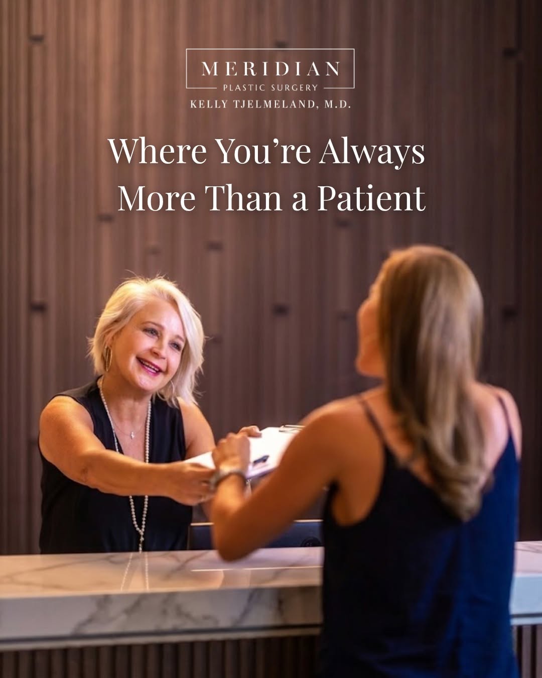 Instagram post by Dr. Kelly E. Tjelmeland: Walking into an aesthetic practice should feel like visiting a trusted friend. At Meridian Plastic Surgery Center, we’ve created a space tha…