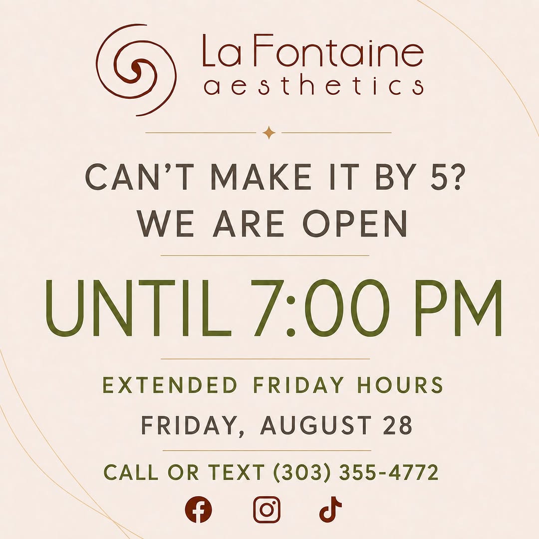 Instagram post by Dr. Kenneth Oleszek: Can’t make it by 5? We’ve got you covered! ✨ La Fontaine Aesthetics will be open until 7:00 PM on Friday, August 28, making it easier to fit…