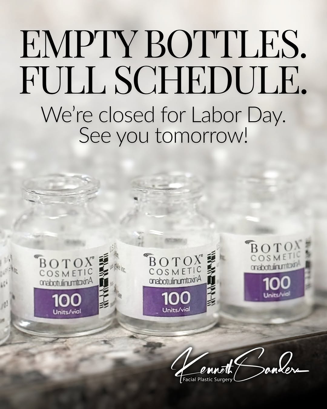 Instagram post by Dr. Kenneth Sanders: The empty Botox bottles have spoken. We’ve been busy. 😉 After keeping Shreveport looking refreshed, our team is taking a well-earned break …