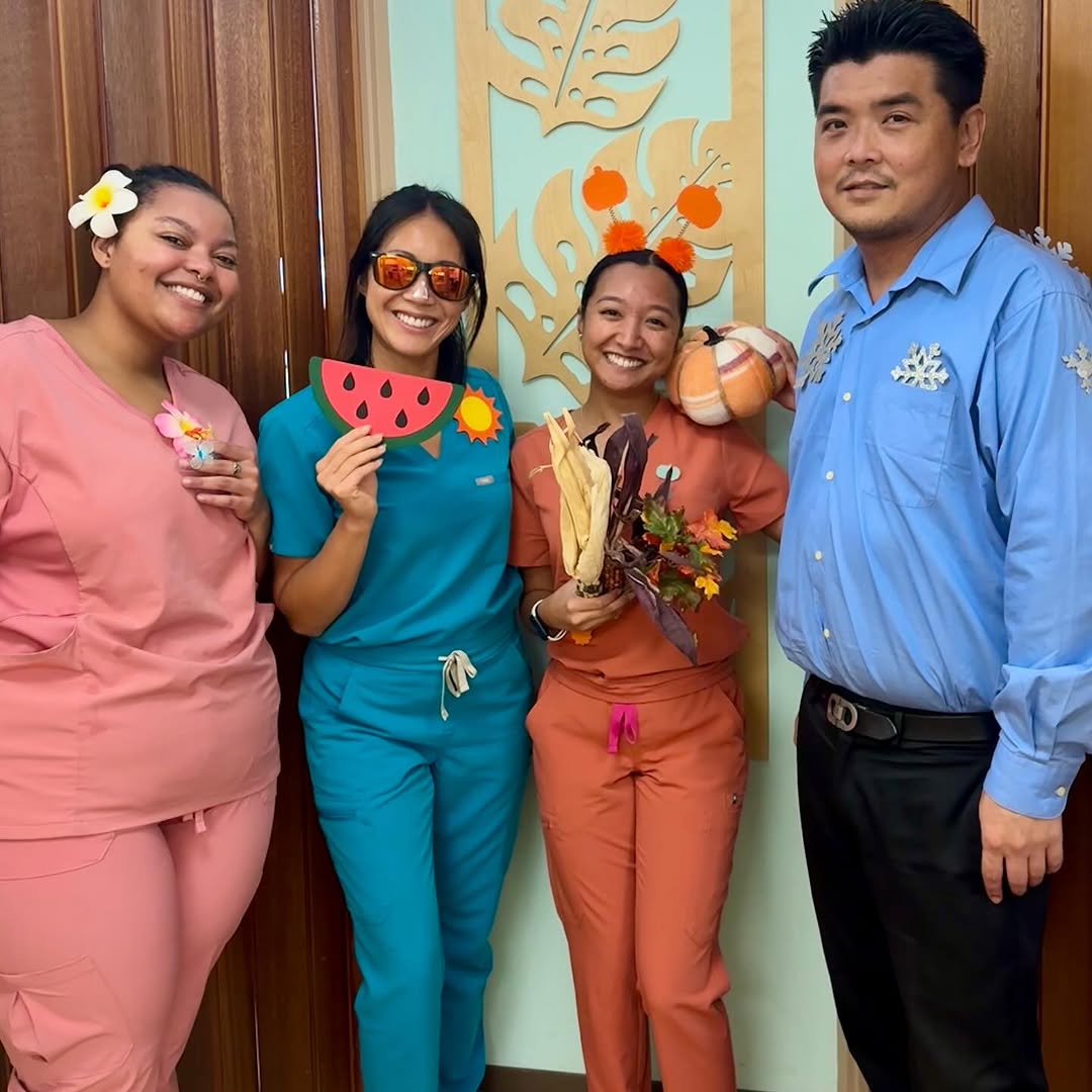 Instagram post by Dr. Keri Do, DDS: We’re feeling very seasonal today 🌸☀️🍁❄️. Happy Halloween from Simone, Dr. Keri, Jez and Sheldon! ••• Have fun trick or treating and just …
