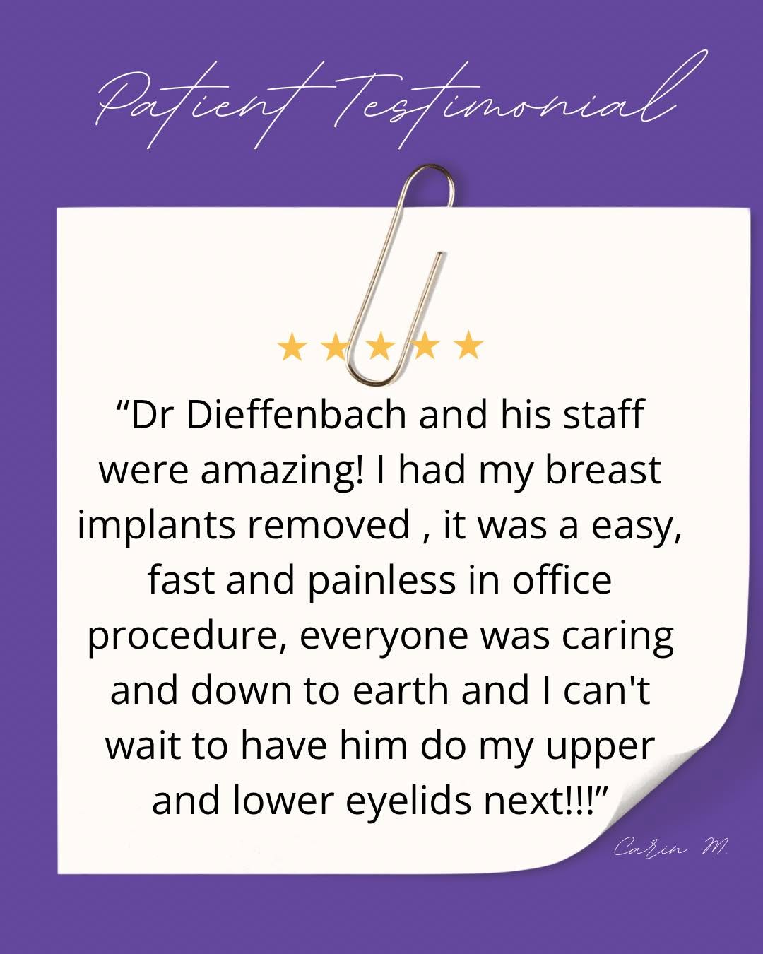 Instagram post by Dr. Kevin Dieffenbach: Nothing means more than hearing that a patient felt comfortable, cared for, and confident throughout their experience. Thank you, Carin M., …