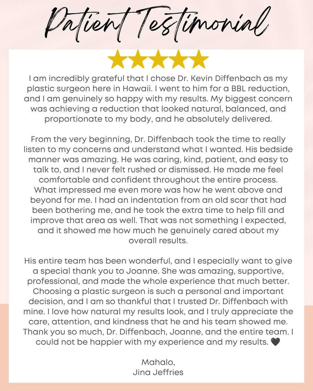 Instagram post by Dr. Kevin Dieffenbach: ✨ Patient Review Spotlight ✨ We’re incredibly grateful to receive kind words like these from our patients. 💛 “I am genuinely so happy with …