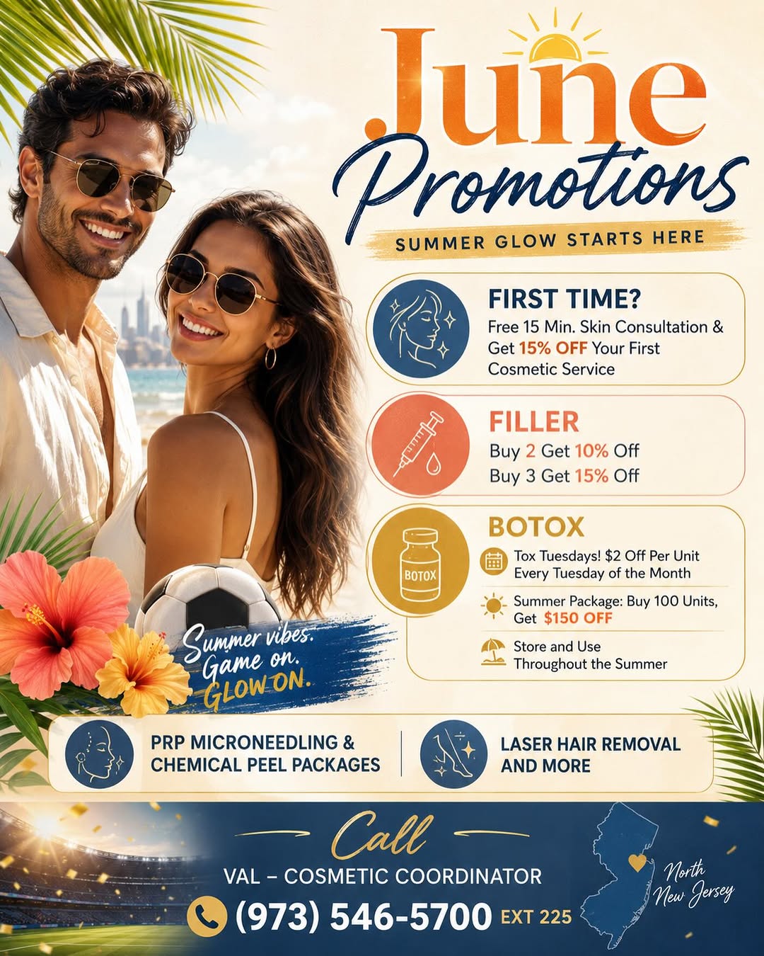 Instagram post by Dr. Kevin Ende: Summer is in full swing and our June cosmetics promotions are heating up! ☀️✨ Whether you’re getting ready for summer events, World Cup watc…