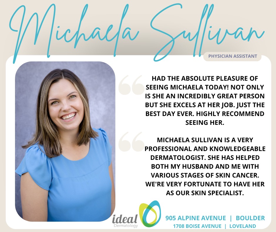 Instagram post by Dr. Kevin J. Mott: We love hearing positive feedback about our providers. ⭐⭐⭐⭐⭐ Schedule an appointment with Michaela Sullivan, PA-C at our Boulder or Loveland…