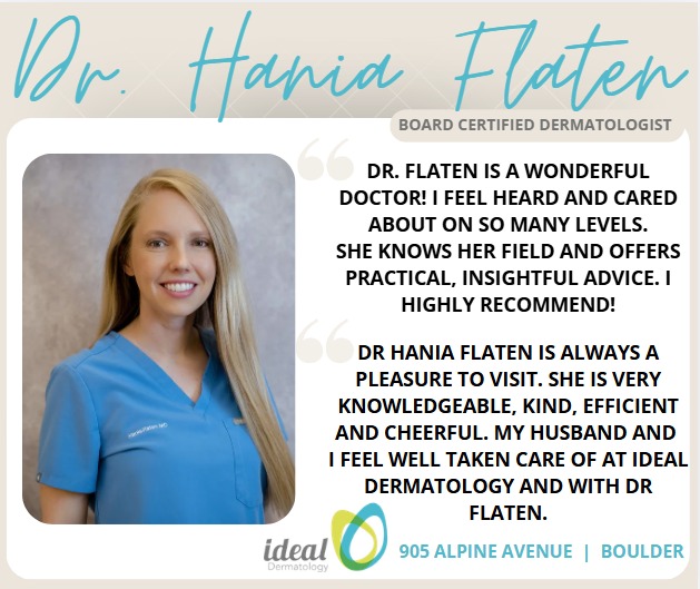 Instagram post by Dr. Kevin J. Mott: We love hearing positive feedback about our providers. ⭐⭐⭐⭐⭐ Call to schedule an appointment with Dr. Hania Flaten at our Boulder location.