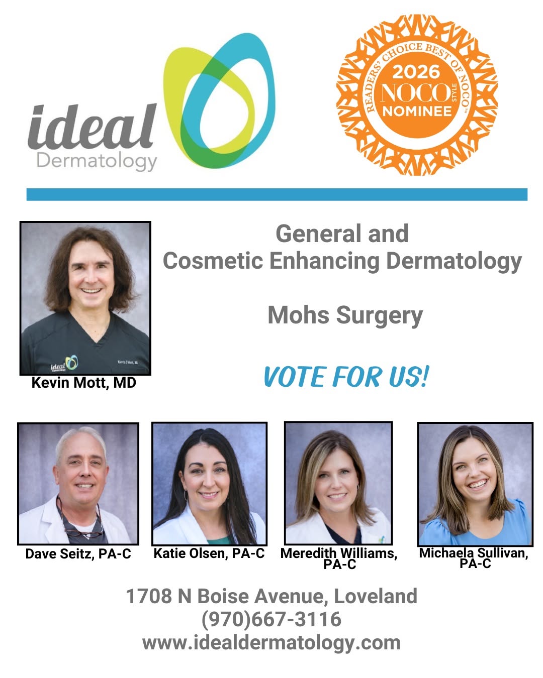 Instagram post by Dr. Kevin J. Mott: Vote for @idealdermatology for Best of NoCo @nocostylemagazine! (Voting link in Bio)