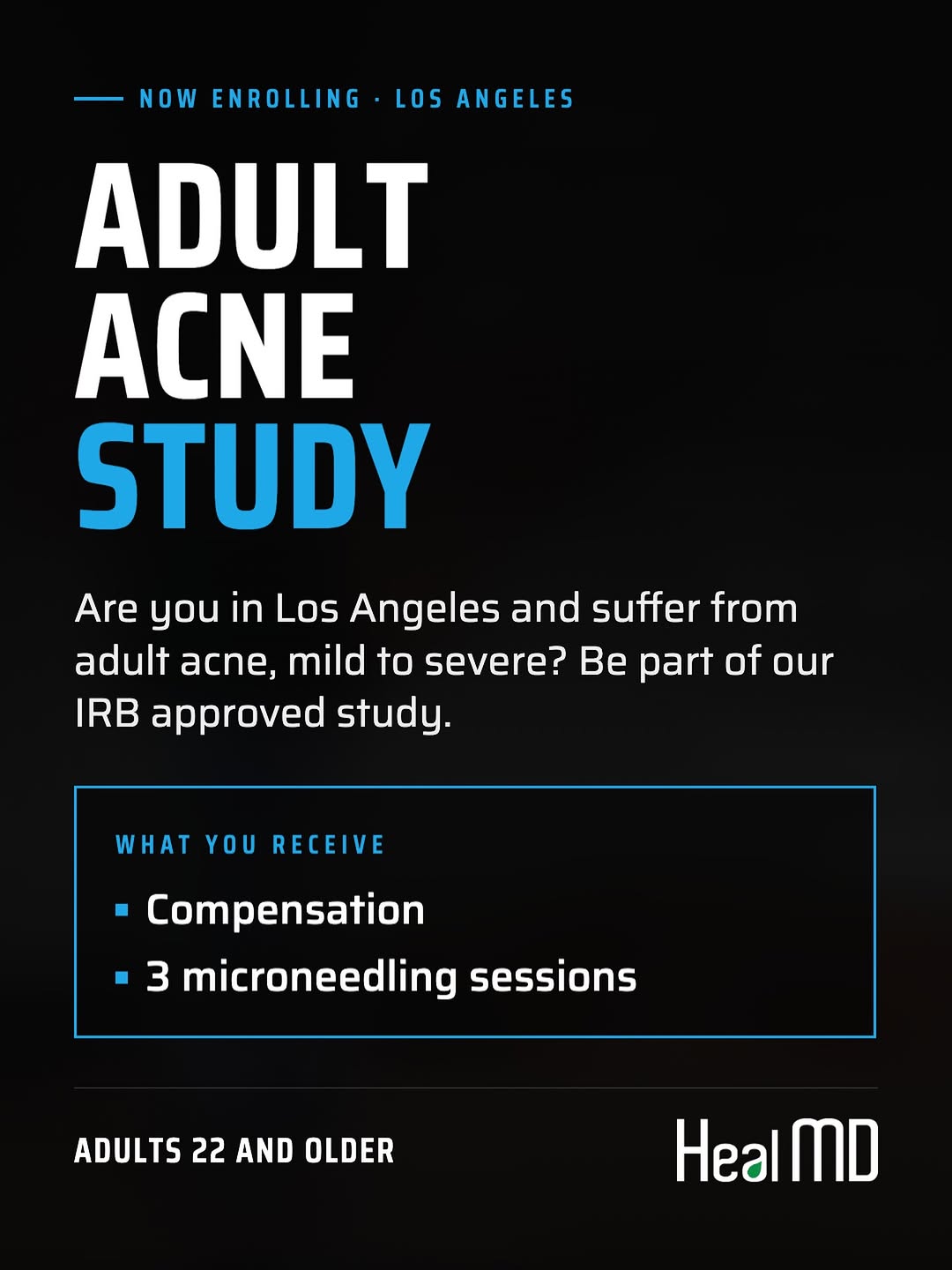 Instagram post by Dr. Kian Karimi: NOW ENROLLING — LOS ANGELES We’re conducting an IRB-approved clinical study on active acne, combining microneedling with a proprietary topic…