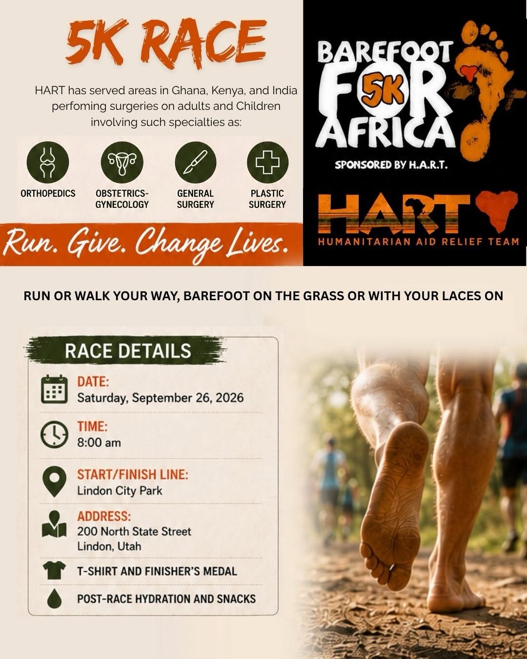 Instagram post by Dr. Kimball M. Crofts: 👣 Step Up for HART. Give back. Make a difference. 🌍 We’re continuing the tradition of the 5K Barefoot For Africa Race in Utah, held in con…