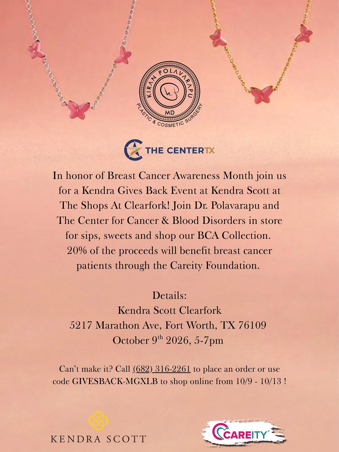Instagram post by Dr. Kiran Polavarapu: SAVE THE DATE!!!! Join us at Kendra Scott in Clearfork to support breast cancer awareness. 20% of proceeds go to support breast cancer patie…
