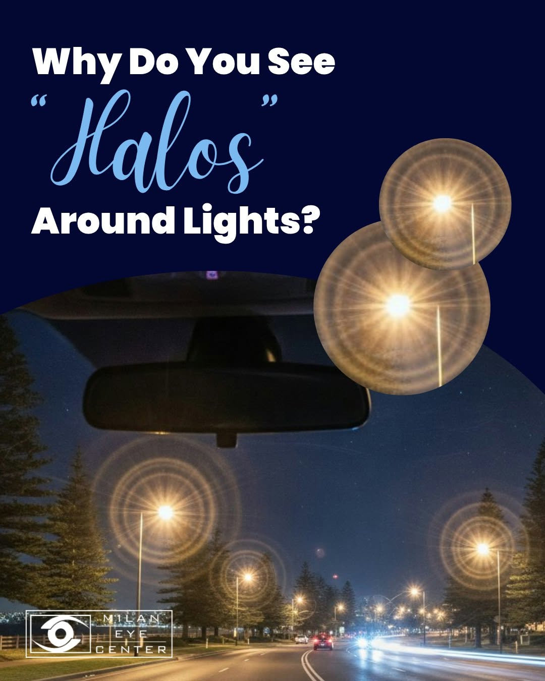 Instagram post by Dr. Kiran Sajja: 🌙✨ Ever notice glowing rings or halos around headlights, streetlights, or other bright lights at night? 🚗💡 Occasional glare can happen to…
