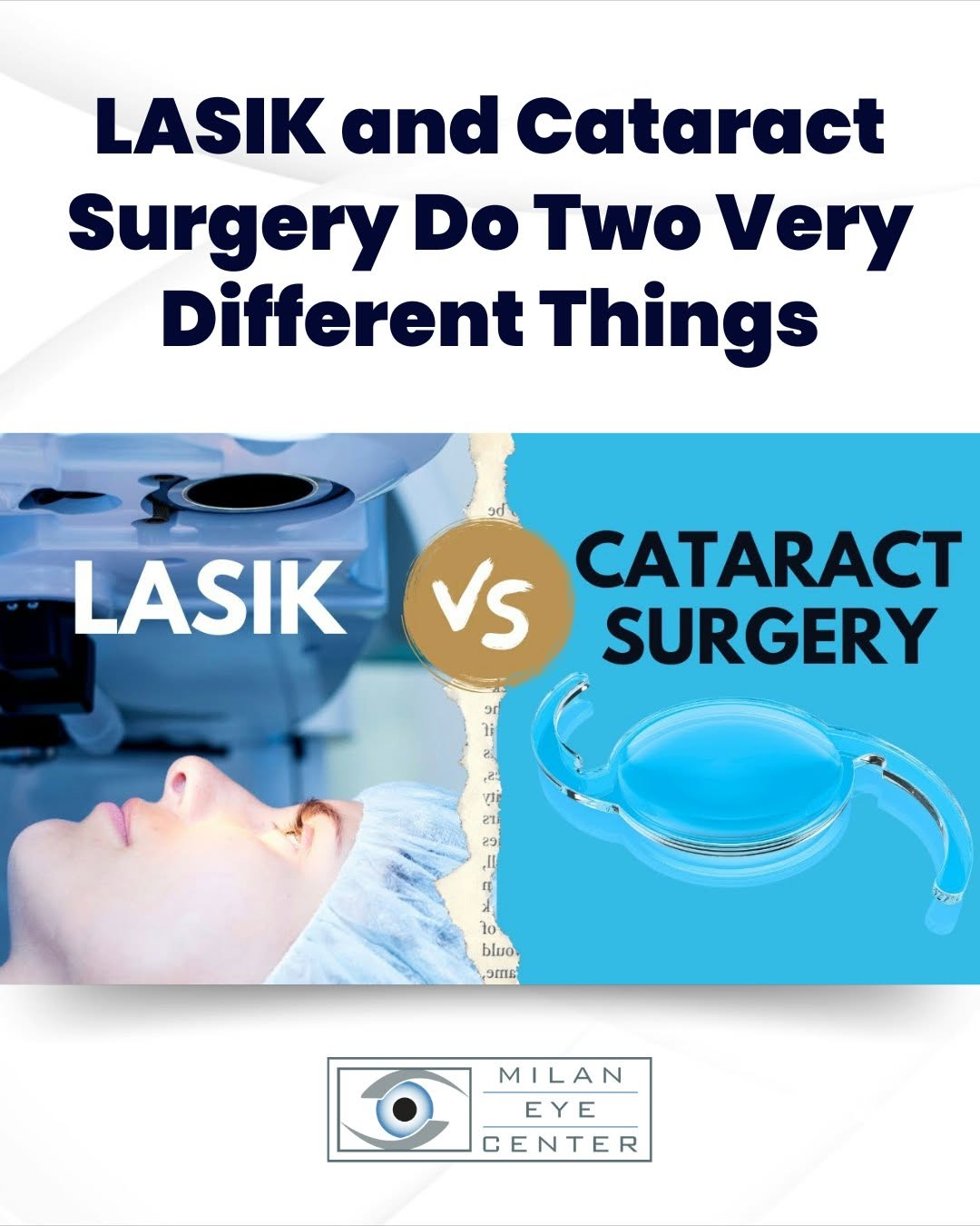 Instagram post by Dr. Kiran Sajja: 👀 They both involve improving vision, but LASIK and cataract surgery treat completely different parts of the eye. ✨ LASIK reshapes the corn…