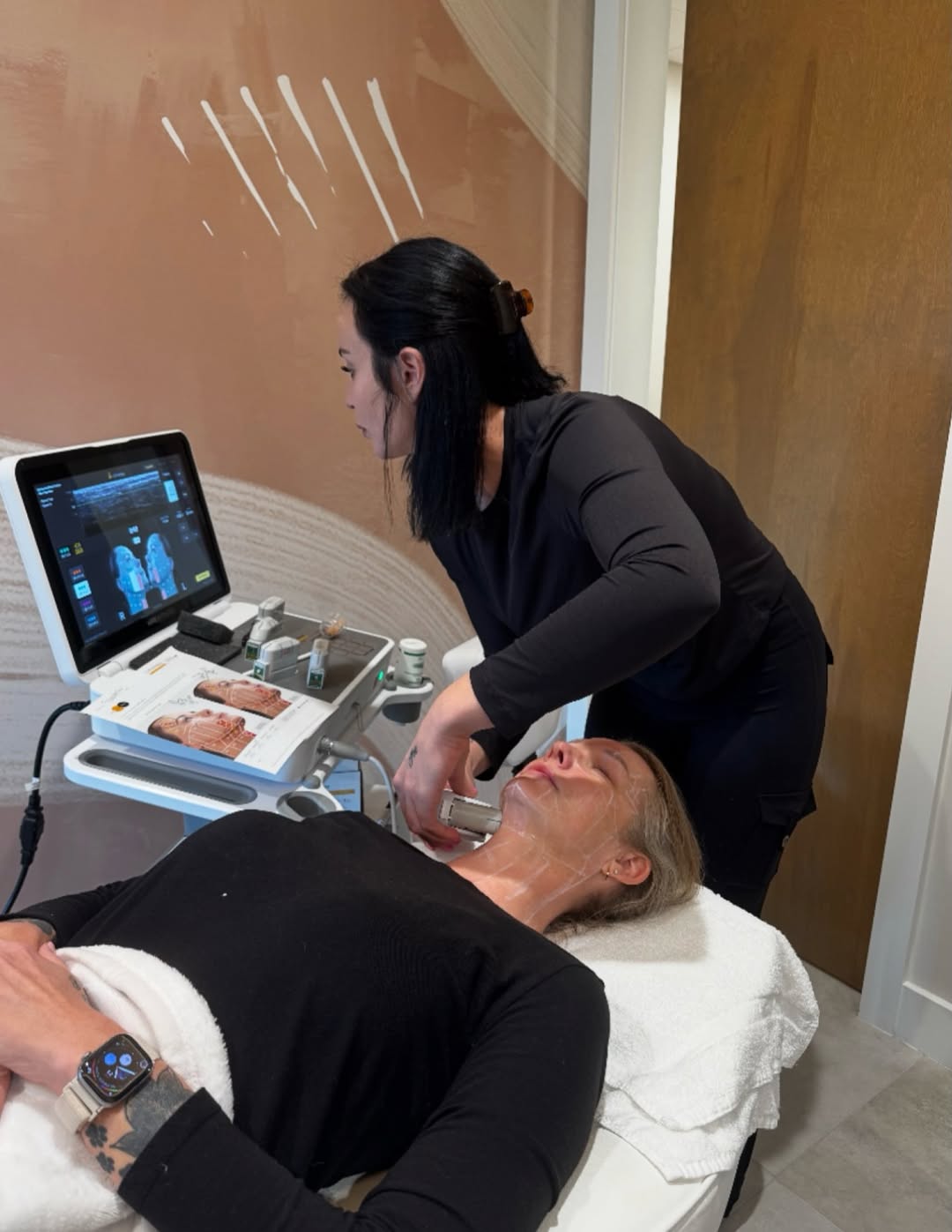 Instagram post by Dr. Kiranjeet (Kiran) Gill: Lift. Tighten. Refresh. ✨ Our Advanced Medical Aesthetician, Olive, is performing Ultherapy, a non-invasive treatment designed to stimulate …