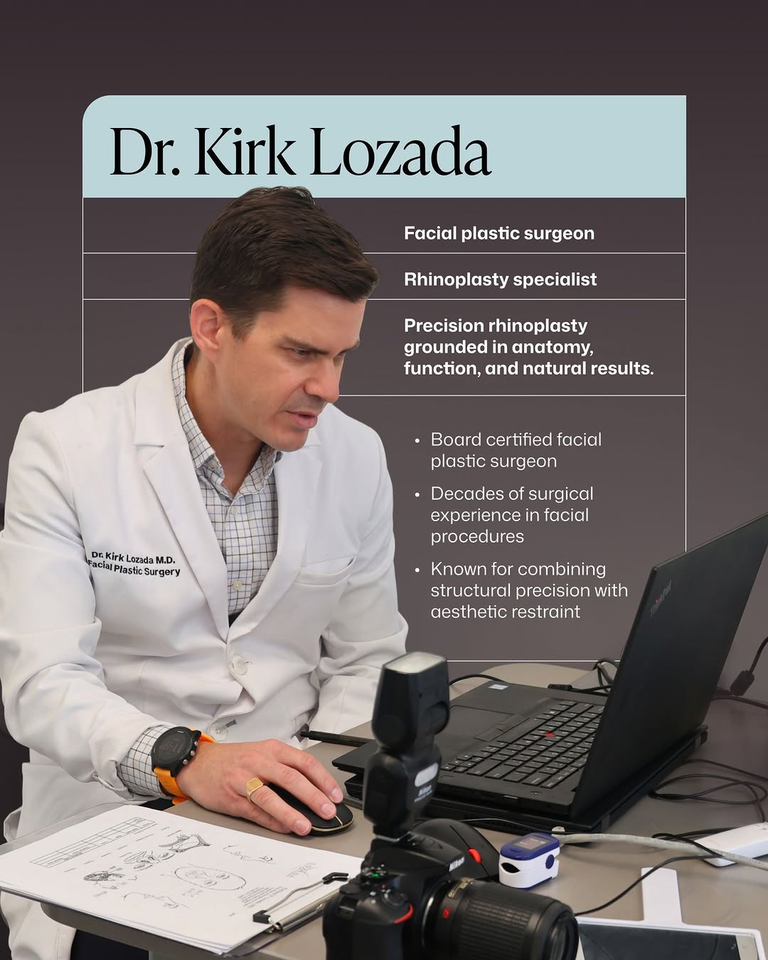 Instagram post by Dr. Kirk Lozada: Meet Dr. Kirk Lozada. Our rhinoplasty specialist at Becker, where precision and restraint define the outcome. Trained at Penn and Mount Sina…