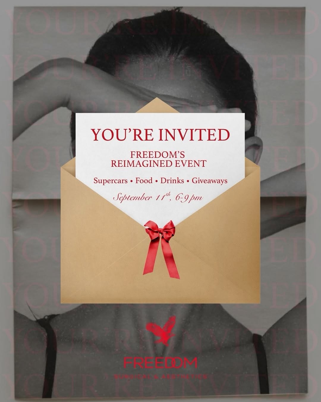 Instagram post by Dr. Kirk Moore: ✨You’re invited. Join us September 11th from 6-9 PM as we celebrate the next chapter of Freedom Surgical & Aesthetics. 🥂 Come enjoy an even…