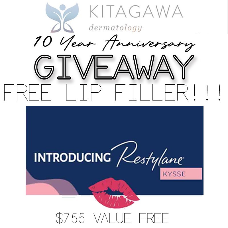 Instagram post by Dr. Kory Kitagawa: ❌❌ GIVEAWAY CLOSED! ❌❌ 👄 One Free lip filler treatment of the amazing Restylane Kysse ✨ 💰 $755 Value 🦋 NEW Lip Filler designed to create …