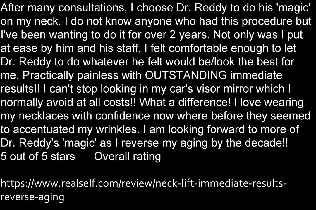 Instagram post by Dr. Kris M. Reddy: Thank you for the 5 star necklift and facelift review. It is a pleasure to care for you. Dr. Kris Reddy FACS 1501 Forest Hill Blvd. West Pal…