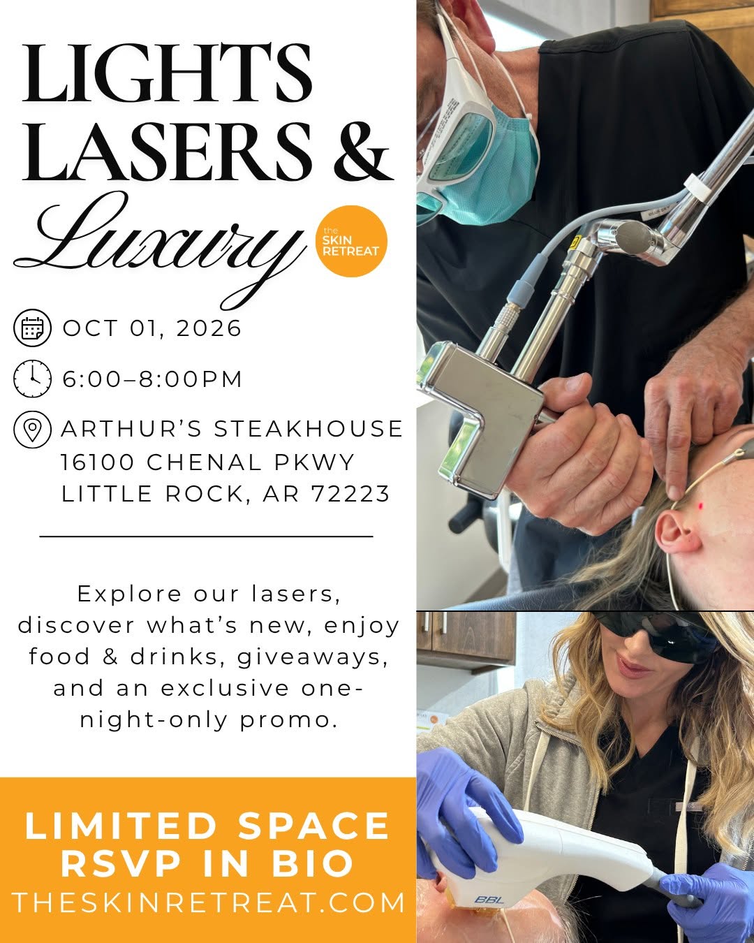 Instagram post by Dr. Kris Shewmake: Consider this your sign to RSVP. ✨ Lights, Lasers & Luxury is coming up October 1st—and space is limited. Spend the evening with Shewmake Pl…