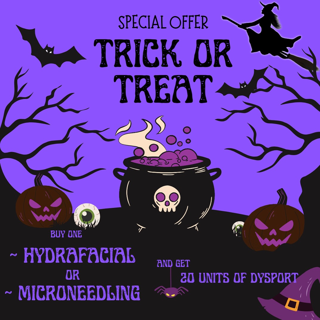 Instagram post by Dr. Krishna Dash: No tricks just treats this Halloween with glowing skin and reduced lines! 🎃✨ Buy one HydraFacial or one Microneedling and get 20 units of D…