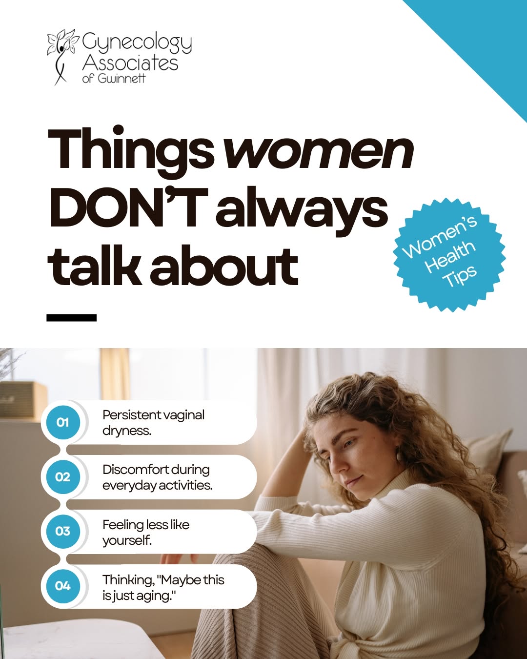 Instagram post by Dr. Kristine Gould: Some conversations are difficult to start. But your comfort, confidence, and well-being are always worth talking about. 🌸 You're not alone …