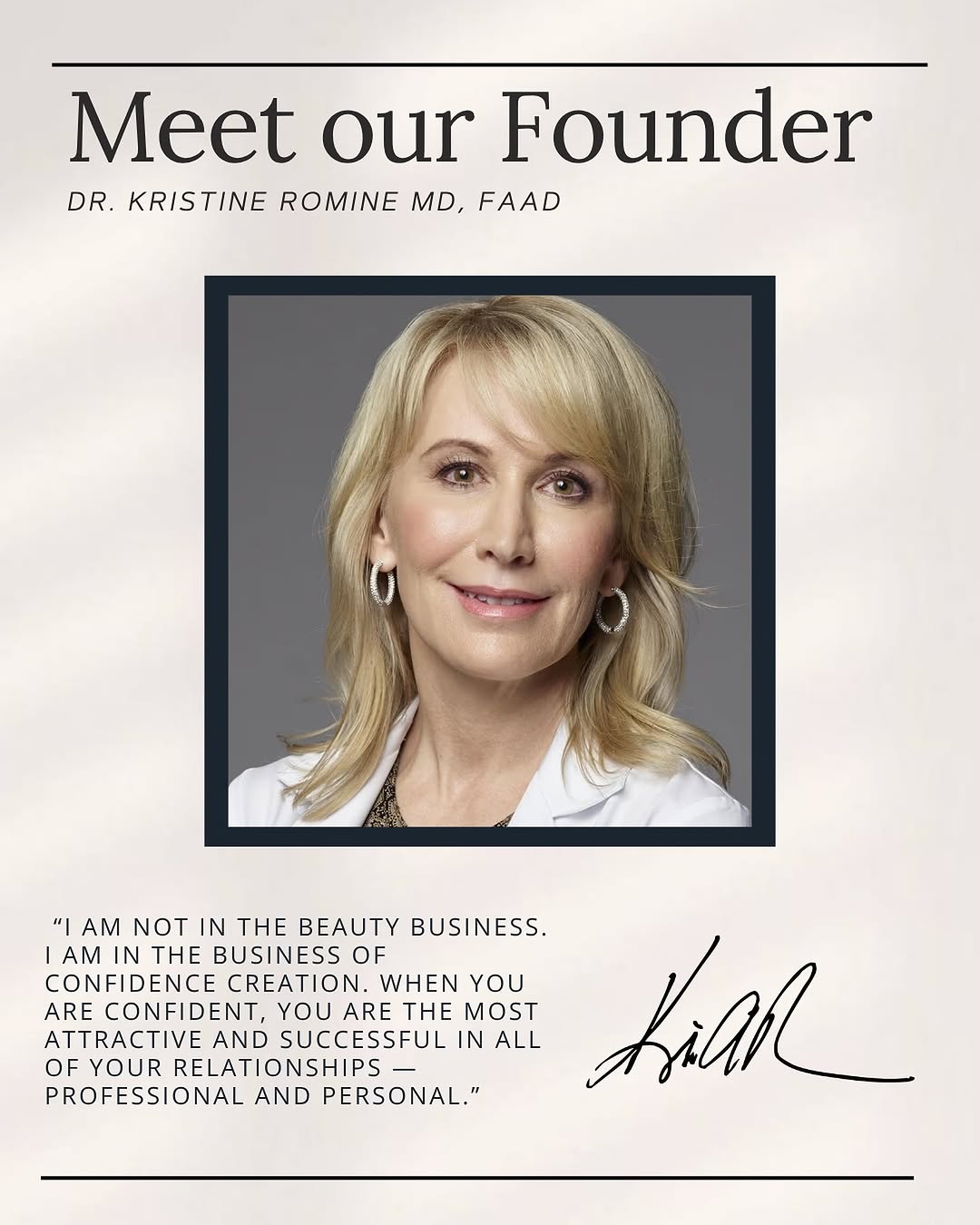 Instagram post by Dr. Kristine Romine: Dr. Kristine A. Romine is a board-certified dermatologist and internal medicine trained pioneering force in Aesthetic medicine and Functiona…