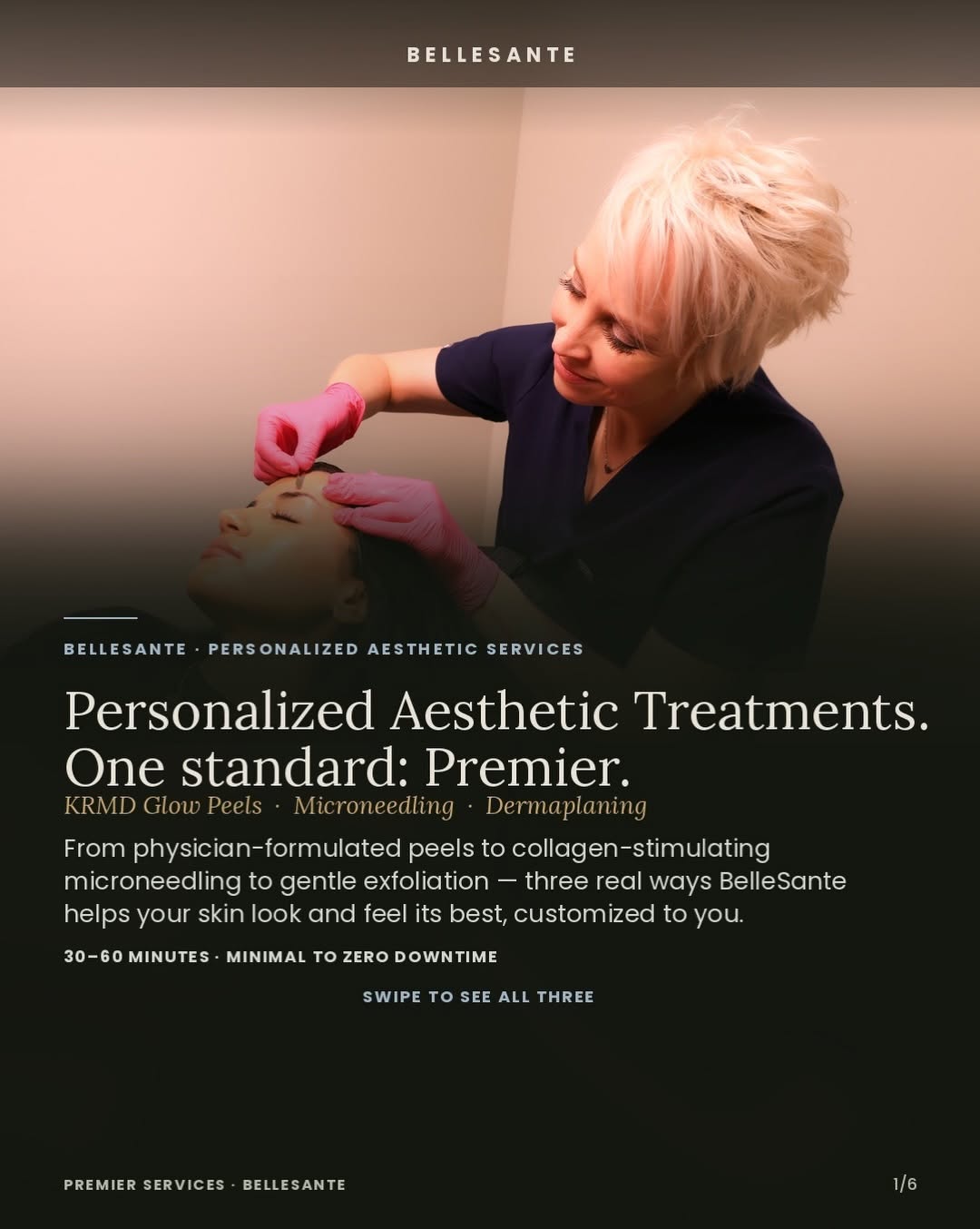 Instagram post by Dr. Kristine Romine: Personalized Aesthetic Treatments. One standard: Premier. Not every skin concern needs the same answer — so at BelleSante, we build your vis…