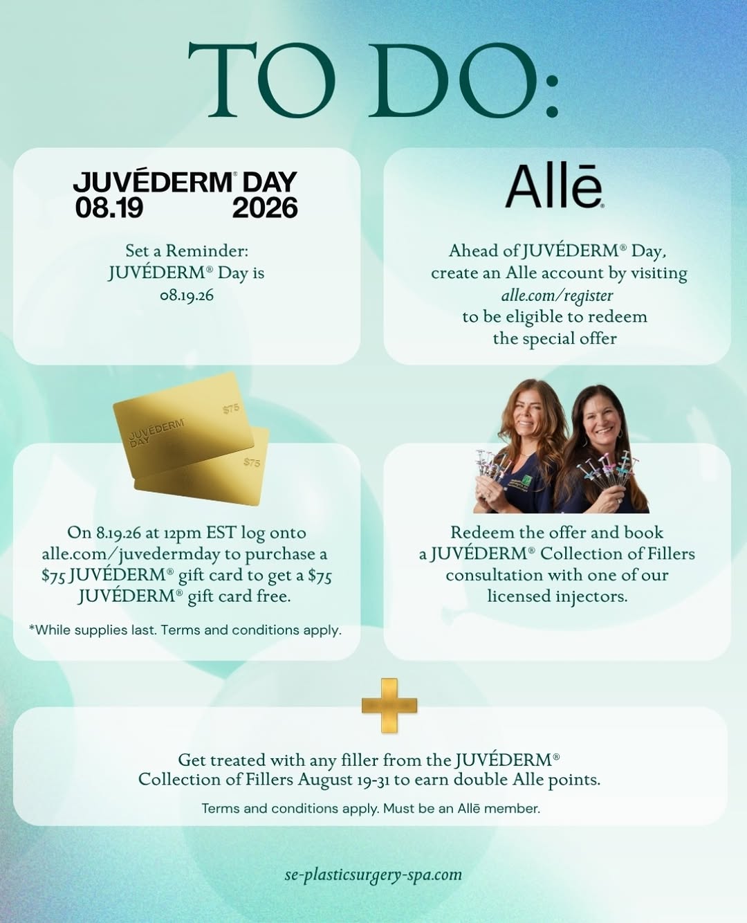 Instagram post by Dr. L. Chris DeRosier: JUVÉDERM® Day is coming! 💉 Save the date for August 19. Here’s what you need to know: Make sure you’re an @alle member before JUVÉDERM® Day…