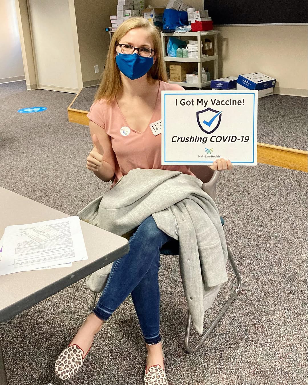 Instagram post by Dr. Laura Schilling: Looking forward to a better tomorrow! 💉 #igottheshot #covidvacccine . #crushingcovid #vaccine #trustscience #mainlinehealth #doctorsofinsta…