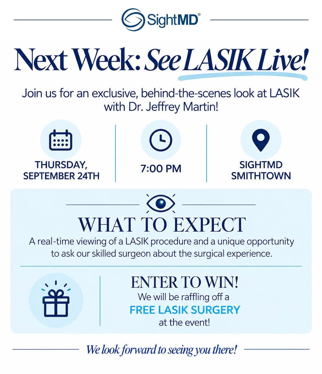 Instagram post by Dr. Lauren D. Mileo: See LASIK live at SightMD next week. Join Dr. Jeffrey Martin for an exclusive, behind-the-scenes look at a LASIK procedure in real time. You…