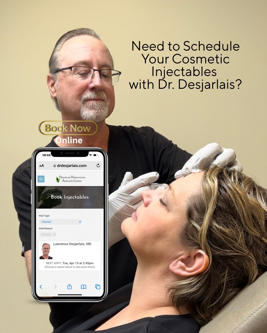 Instagram post by Dr. Lawrence Desjarlais: Looking to eliminate fine lines & wrinkles and address volume loss? Book online with Dr. Desjarlais for injectables (Dysport or Dermal Fille…