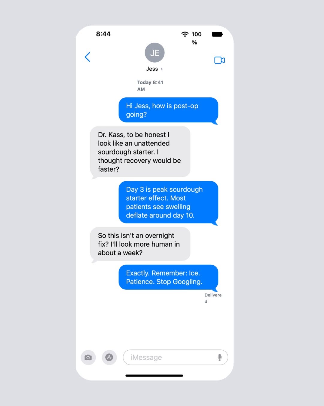 Instagram post by Dr. Lawrence Kass: The most honest text exchange about facelift recovery you'll read today 😂🍞 Day 3 is rough. Day 10 is better. Day 21 you're back and lookin…