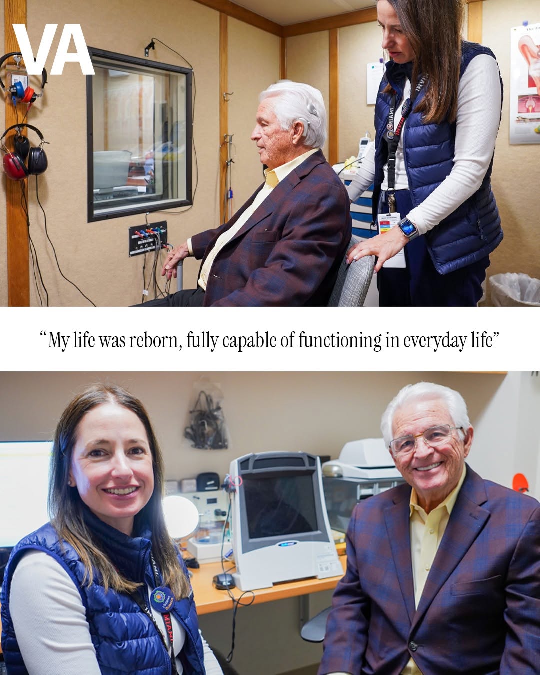 Instagram post by Dr. Leanne Cross: He couldn't even speak at his own son's wedding — his hearing was gone. A stranger in the crowd, a VA audiologist, changed that. Comment "LI…
