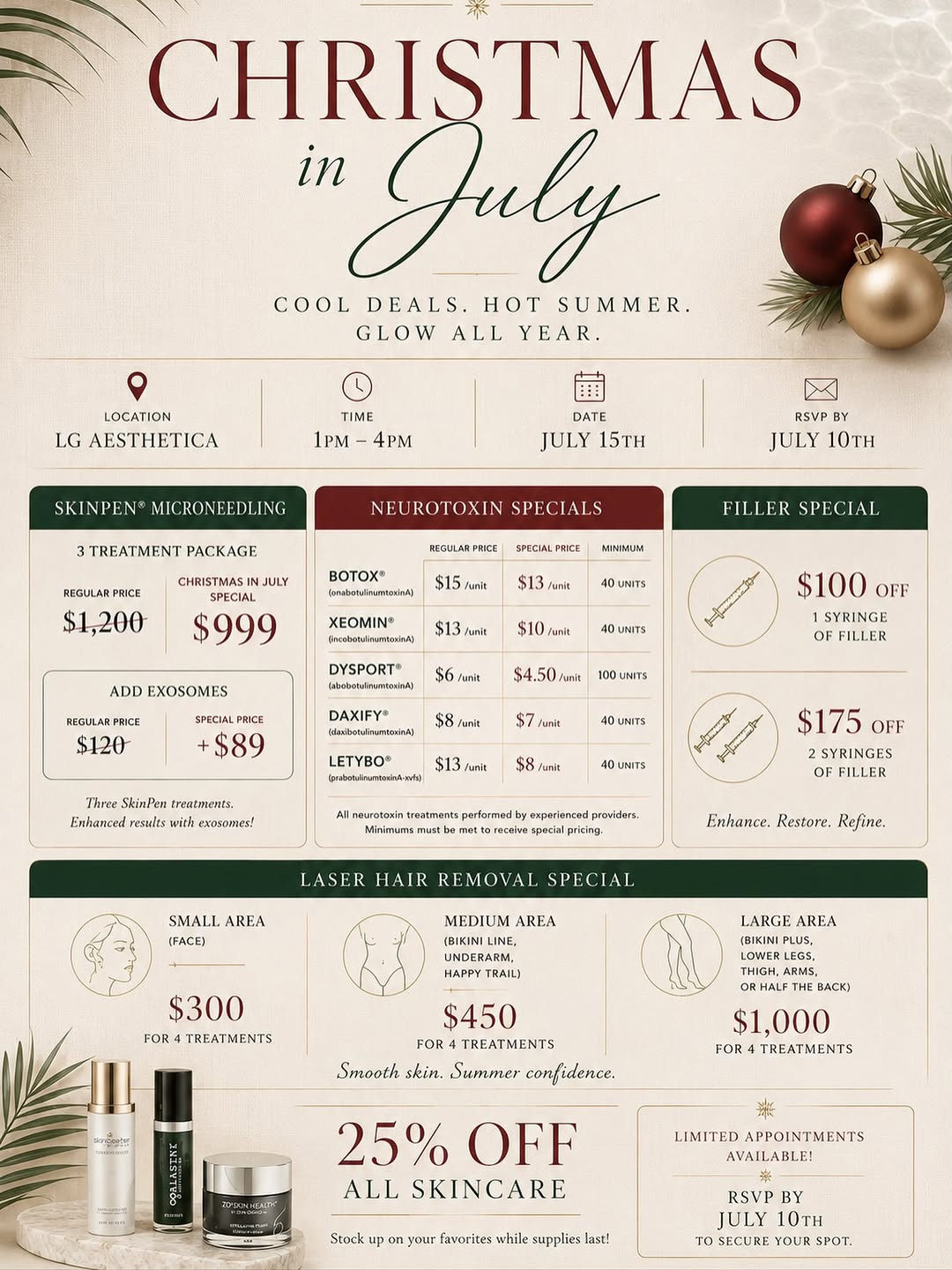 Instagram post by Dr. Leila S. Grayson: Come join us for our Christmas in July event on 7/15! • In person raffles!! • Gift card specials available