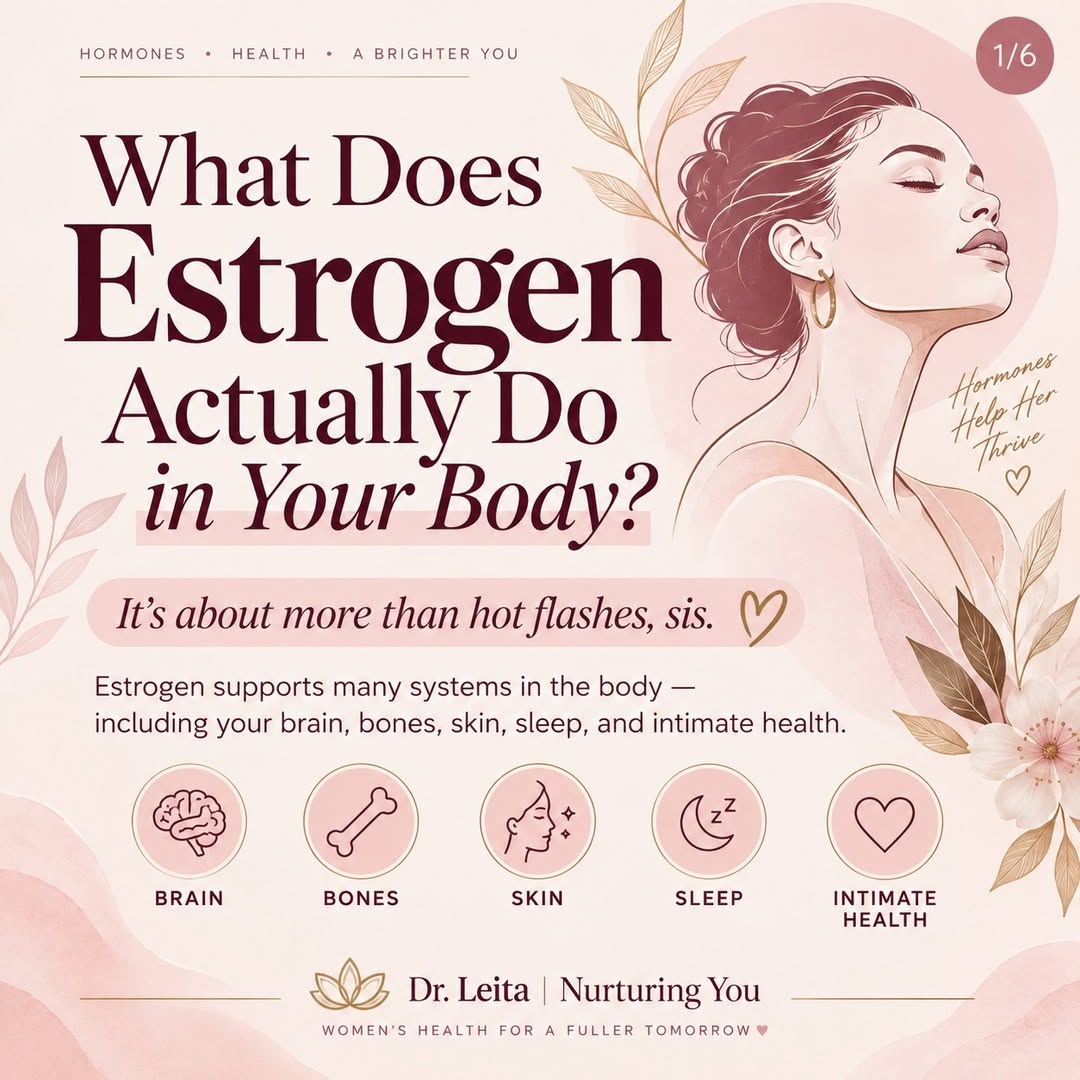Instagram post by Dr. Leita Harris: Sis, estrogen does a whole lot more than cause hot flashes when it starts to shift. 💕✨ Estrogen plays a role in so many parts of your body,…