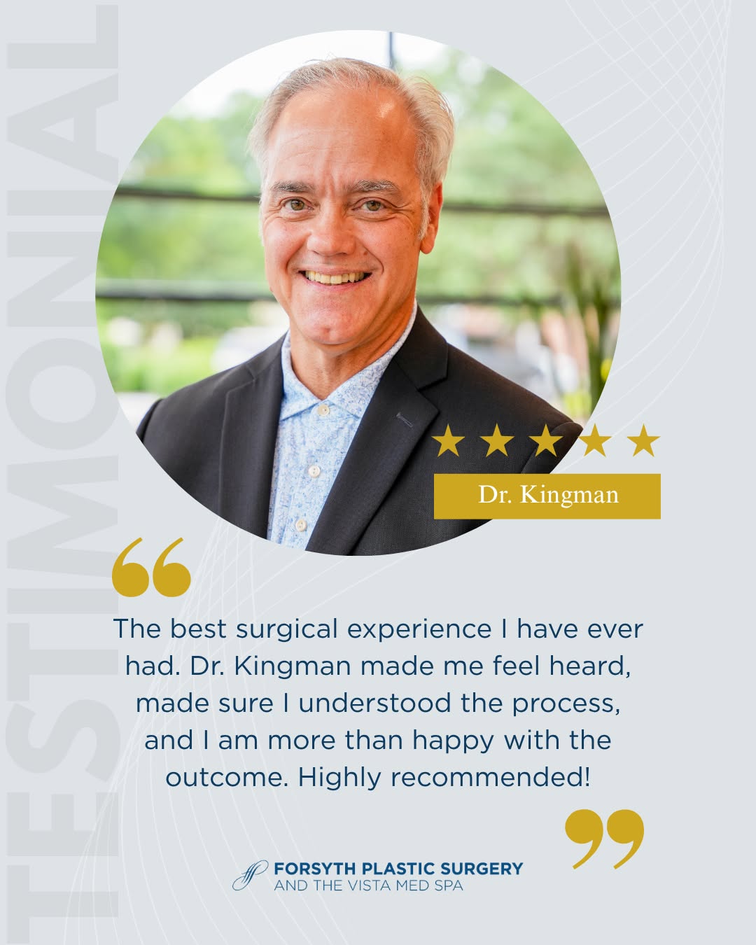 Instagram post by Dr. Leslie G. Branch: "The best surgical experience I have ever had." That's what patients tell us again and again about working with Dr. Kingman at Forsyth Plast…