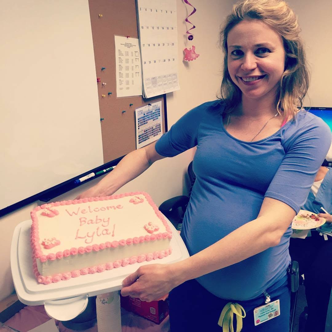 Instagram post by Dr. Leslie Irvine: Celebrating t-minus 1 week with a beautiful cake courtesy of @kierstenlriedler, home-made with a #frostingspatula