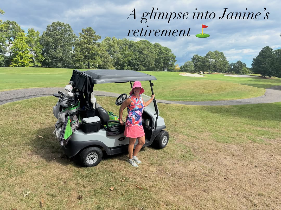 Instagram post by Dr. Leslie R. Coker: You’ll likely find Janine right here these days… ⛳️☀️ Golfing, enjoying retirement, family, and of course—protecting that skin! 💗