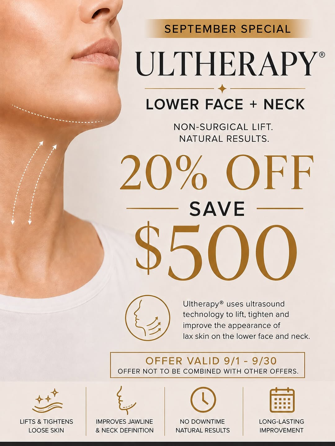 Instagram post by Dr. Leslie R. Coker: ⏰ Just a couple weeks left! Don’t miss our September Ultherapy® special—20% off lower face + neck, saving you $500! ✨Call to book your appoi…