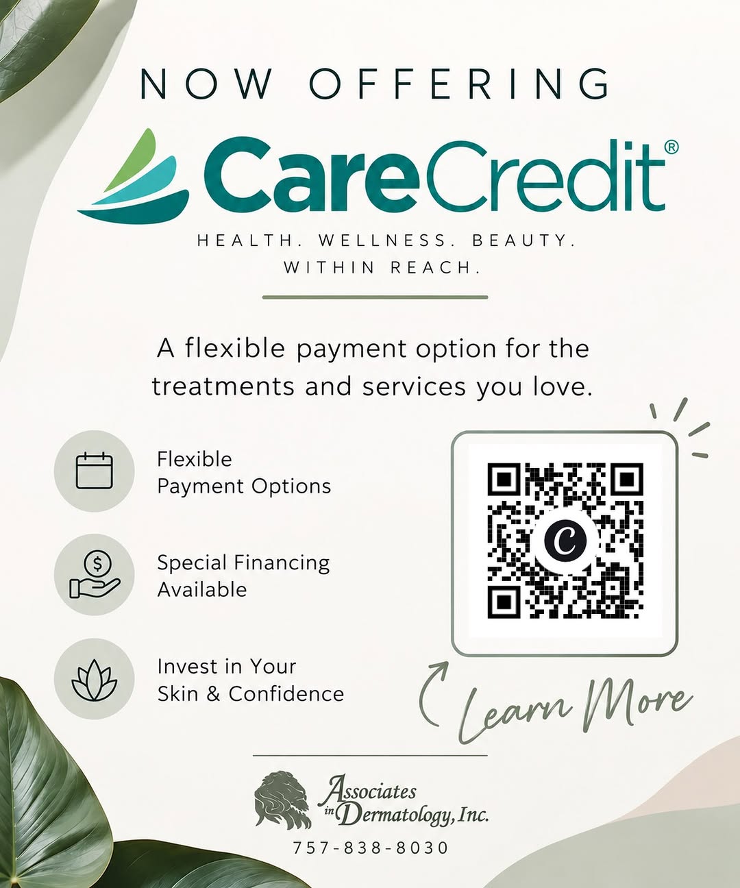 Instagram post by Dr. Leslie R. Coker: ✨ Making your treatments a little more accessible! We’re excited to now offer CareCredit as a flexible payment option for eligible treatment…