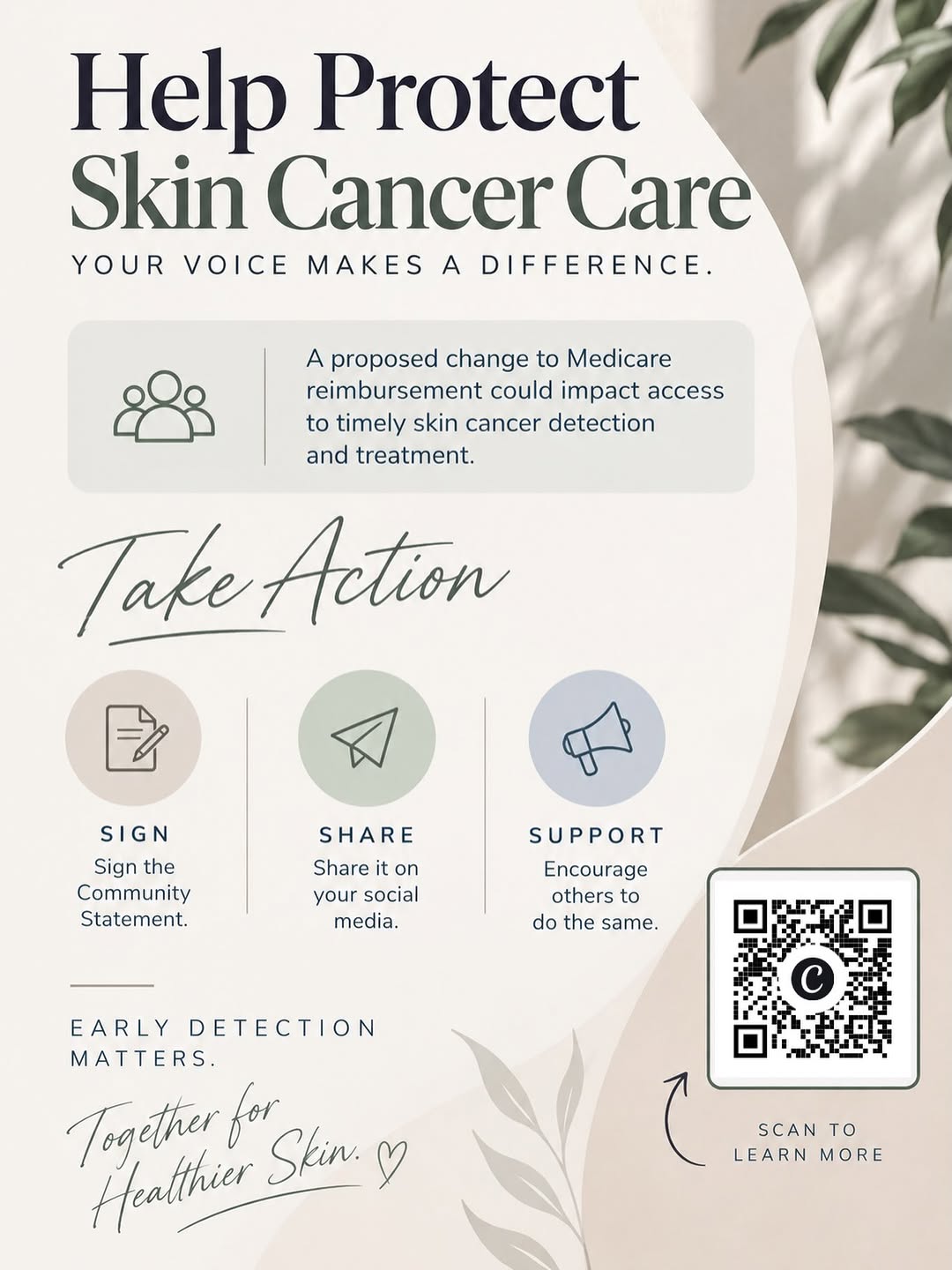 Instagram post by Dr. Leslie R. Coker: Your voice matters. 🩵 Help protect access to timely skin cancer care. Sign the Community Statement, share it, and encourage others to join …