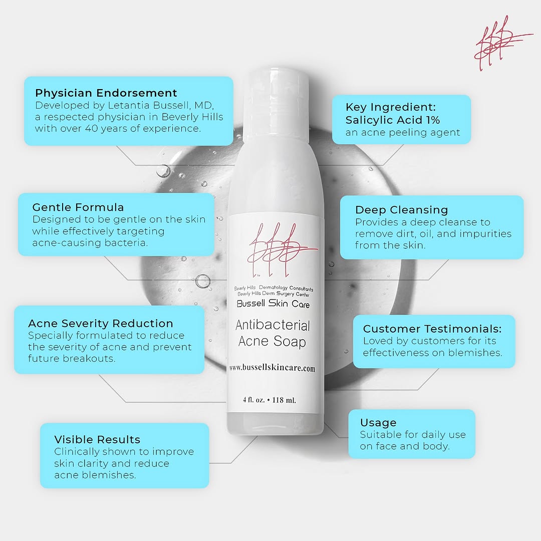 Instagram post by Dr. Letantia B. Bussell: “Say goodbye to acne with our Beverly Hills Dermatologist MD approved antibacterial liquid soap! 🌟 Formulated with 1% Salicylic Acid to dee…