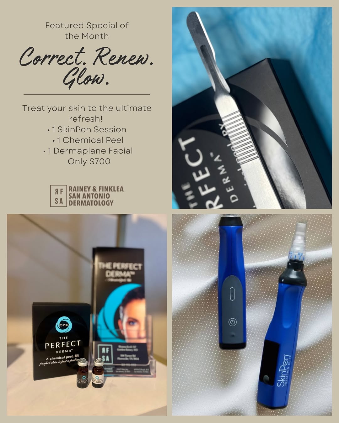 Instagram post by Dr. Lindsey Finklea: ✨ Special of the Month Spotlight! ✨ Correct. Renew. Glow. SkinPen + Chemical Peel + Dermaplane Facial for $700. Your skin will thank you! Do…