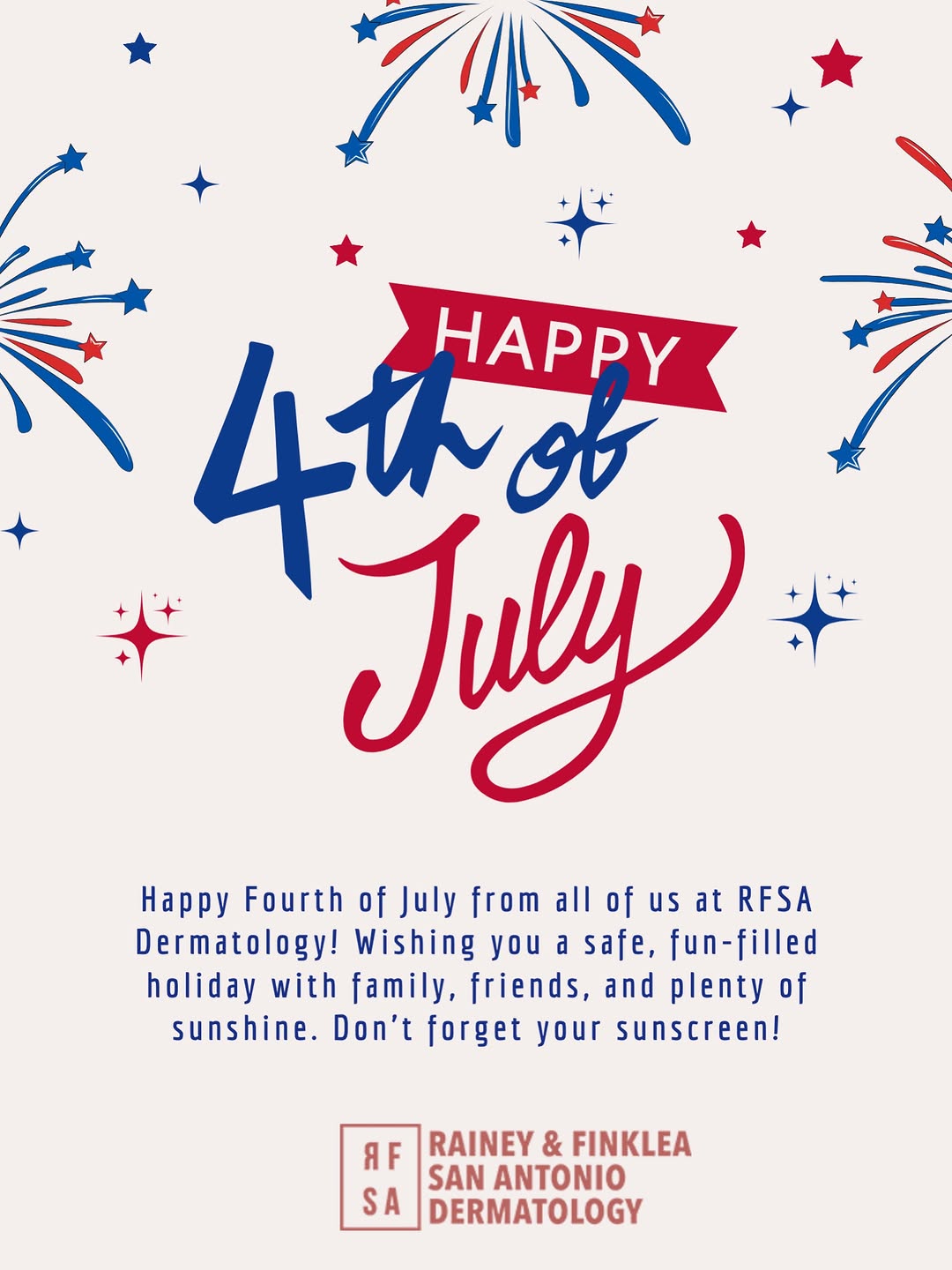 Instagram post by Dr. Lindsey Finklea: Happy 4th of July! ❤️🤍💙 Celebrate, make memories, and stay sun-safe. Wherever the holiday takes you, remember to wear and reapply your sun…