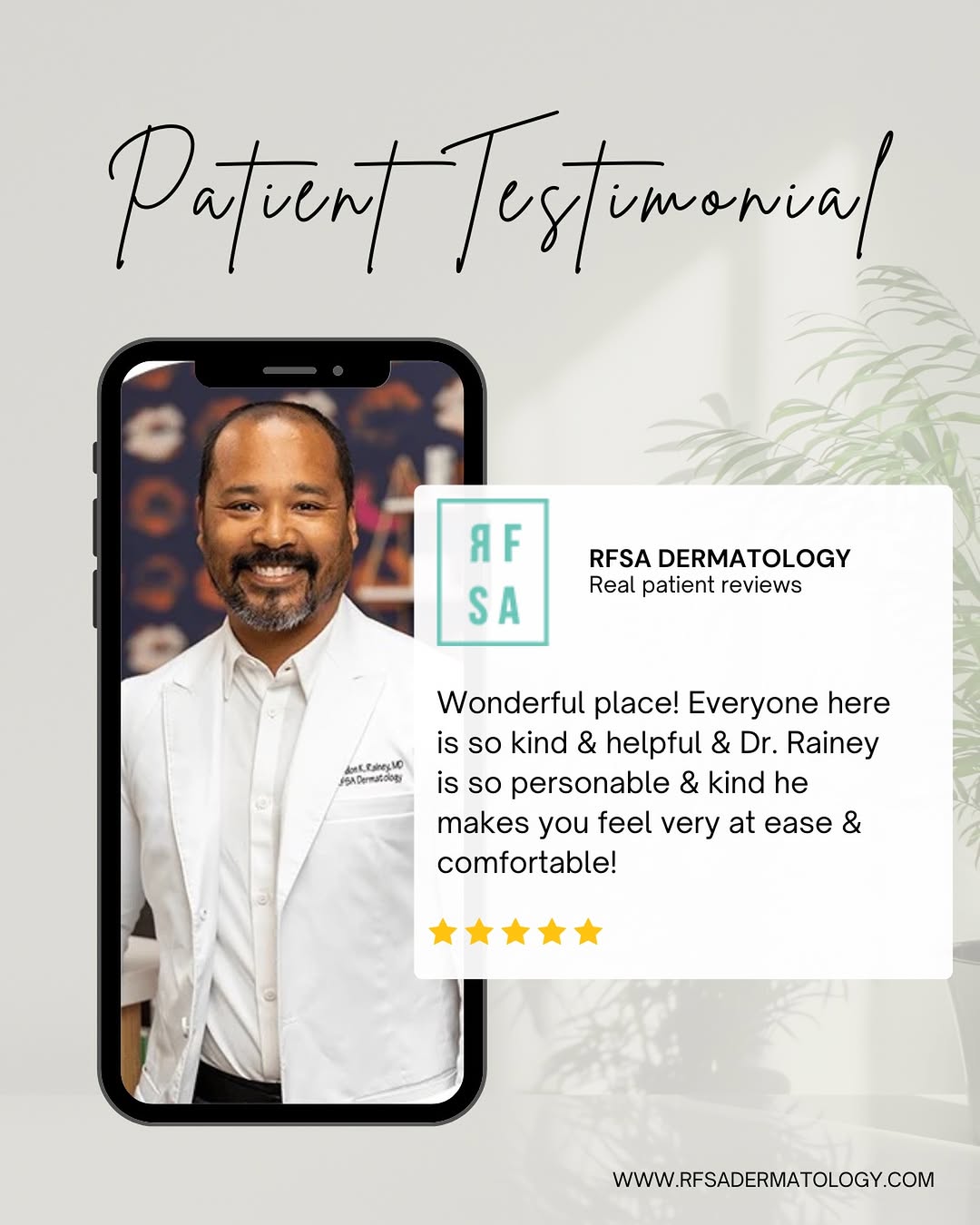 Instagram post by Dr. Lindsey Finklea: Your trust is our greatest compliment. ⭐⭐⭐⭐⭐ Thank you for choosing Dr. Gordon Rainey and RFSA Dermatology. We’re honored to be part of your…